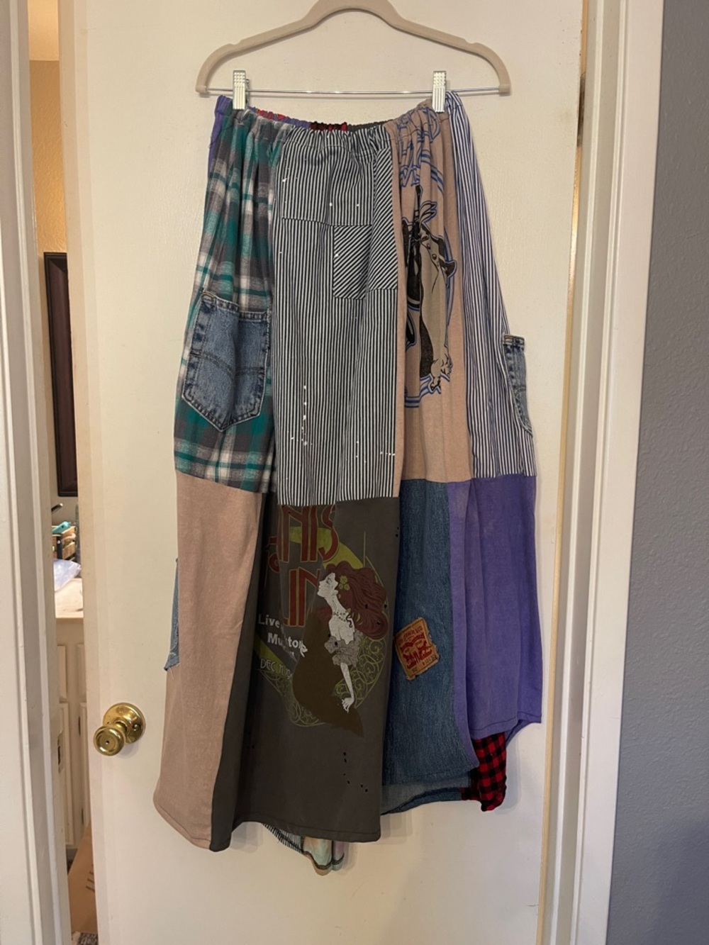 Bohemian Patchwork Band Tee Maxi Skirt in Multi-Color hand made